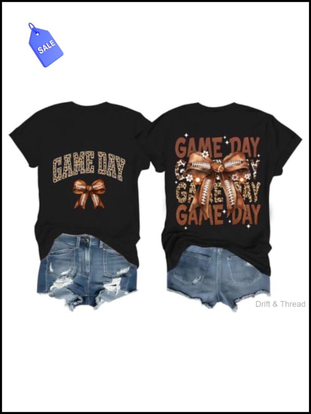 Game Day Football Bow T-Shirt 100% Cotton Short Sleeve Crew Neck Women's